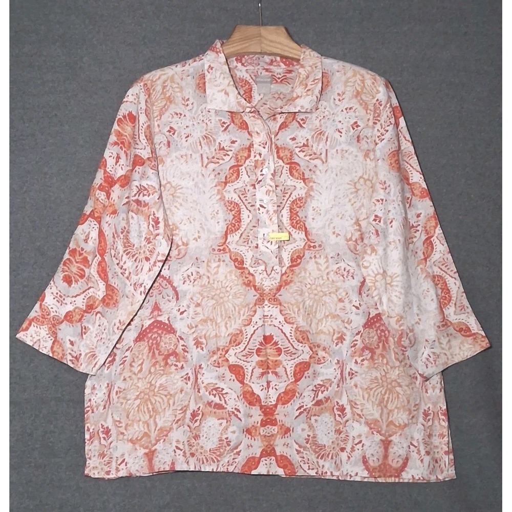 Chico's Womens Linen Tunic Henley Top Size 3 US XL Burnt Orange Medallion Boho